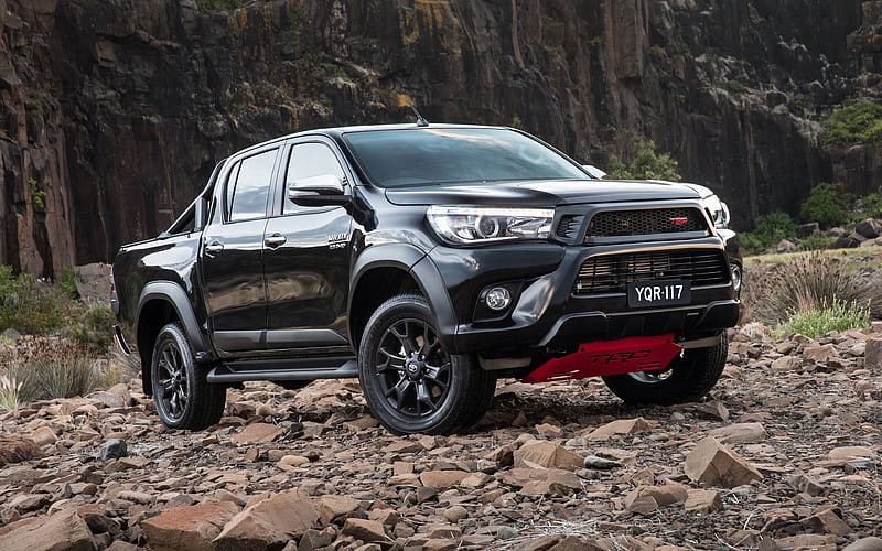 Toyota Hilux, 2019, Facelift, new SUV, pickup truck, new black Hilux, Japanese cars, off-road, mountain river, japan, Toyota, HD wallpaper