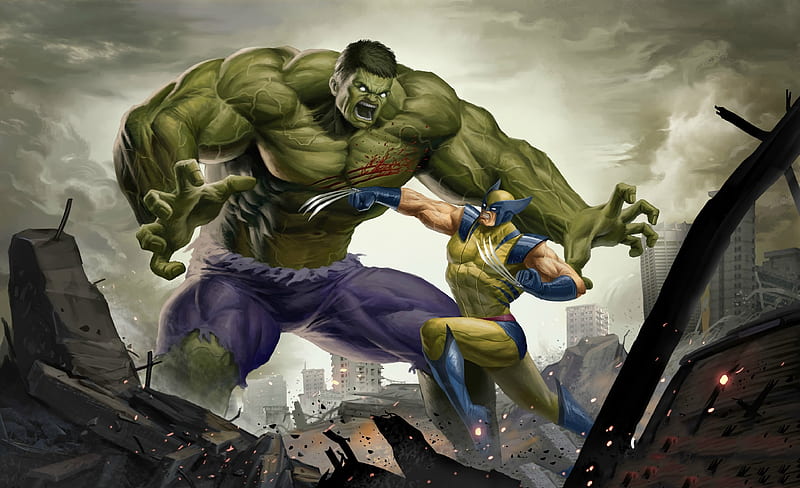 Art Hulk Vs Wolverine , hulk, wolverine, superheroes, artwork, pixiv, HD wallpaper