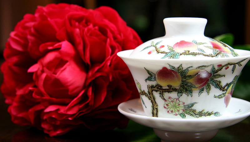 Red peony, red, delicious, white pot, bonito, tea, peony, moment, chinese, gorgeous, HD wallpaper