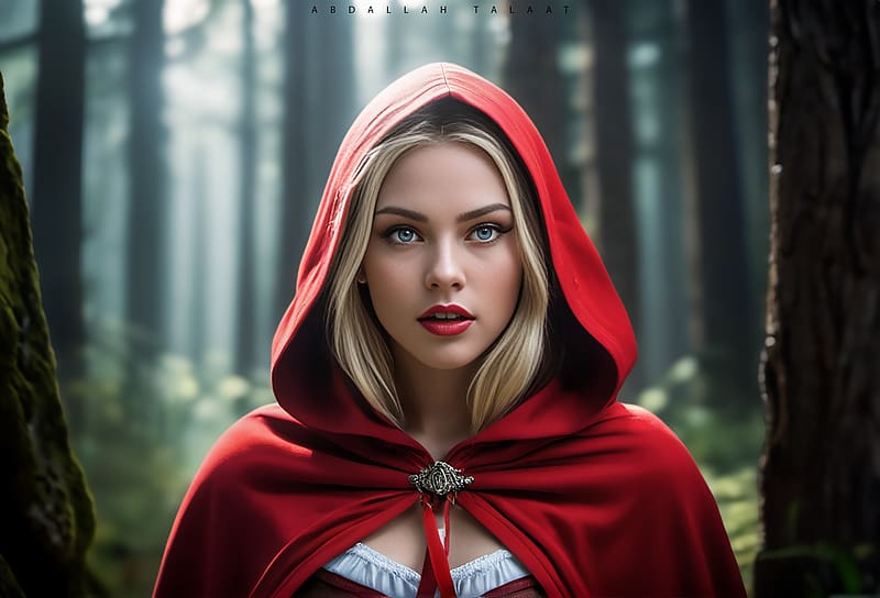 Red Riding Hood, fantasy, red, woman, blonde, girl, forest, HD wallpaper