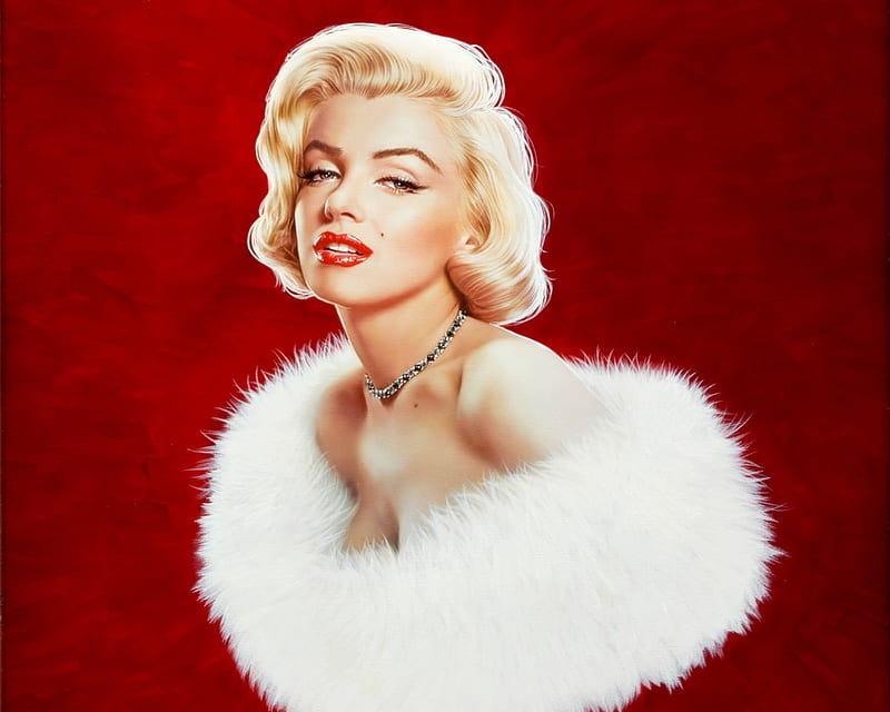 Marilyn Monroe, red, art, luminos, blonde, woman, girl, actress, portrait, white, gennadiy koufay, fur, HD wallpaper