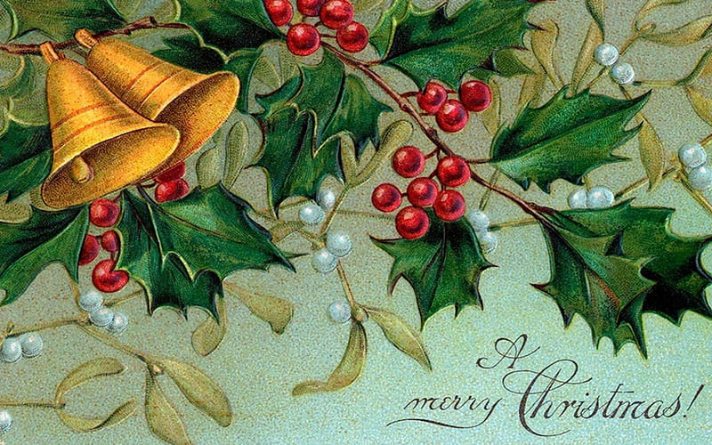 Merry Christmas!, red, craciun, christmas, yellow, bell, card, mistletoe, green, berry, vintage, HD wallpaper