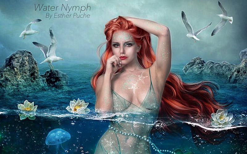 Water Nymph, Redhead, Sexy, Mermaid, ocean, nymph, Dreamy, sea, water, magical, face, siren, pretyy, gorgeous, HD wallpaper
