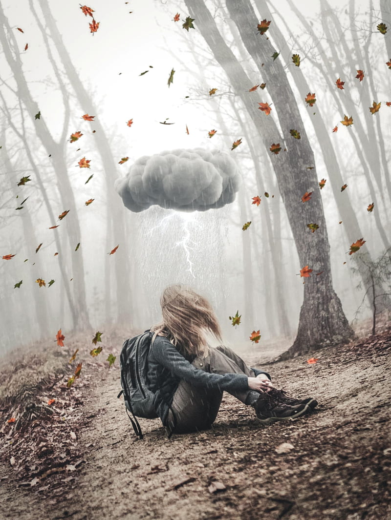 Depression Effects, GEN_Z__, abandoned, adolescence, alone, autumn, brown, cloud, collage, collapsed, crying, digital, digital-manipulation, forest, gray, hair, leaves, lightning, lonely, manipulation, rain, sad, sitting, surreal, wind, wood, HD phone wallpaper