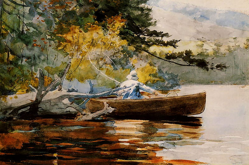 A Good One F, art, bonito, illustration, lake, artwork, Homer, boat, painting, wide screen, waterscape, river, Winslow Homer, HD wallpaper
