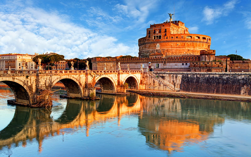 Aelian Bridge italian landmarks, Rome, Tiber River, Italy, Europe, Castle of the Holy Angel, italian cities, Ponte Sant Angelo, HD wallpaper