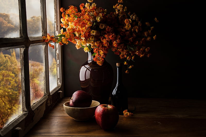 Still life with flowers, Apples, Window, Light, Bottle, Cup, Glass, Autumn, Bouquet, HD wallpaper