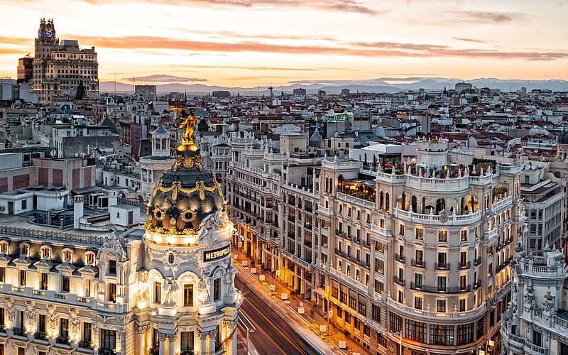 Metropolis Building, Madrid, city landscape, capital of Spain, Edificio Metropolis, evening, sunset, beautiful city, HD wallpaper
