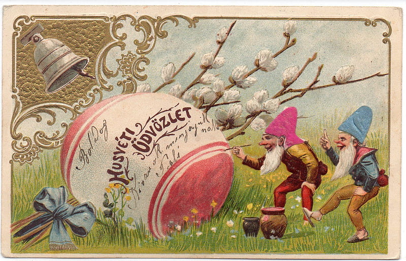 Happy Easter!, dwarf, pink, egg, gnomes, easter, vintage, card, HD wallpaper
