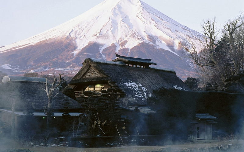 Onsen, mountain, hotel, japan, house, japanese, hot spring, HD wallpaper