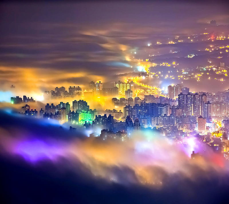 bright city, clouds, colorful, glow, lights, mist, night, sky, view, HD wallpaper