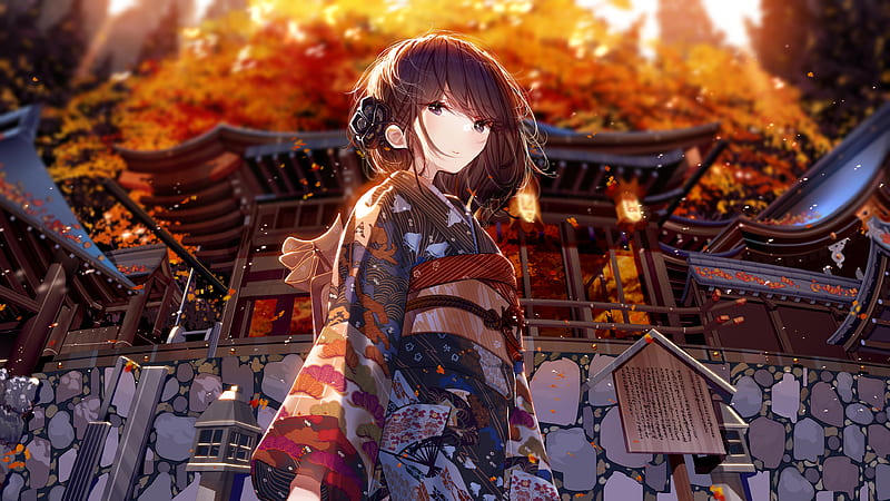 Anime, Girl, Brown Hair, Japanese Clothes, Kimono, Short Hair, Shrine, HD wallpaper
