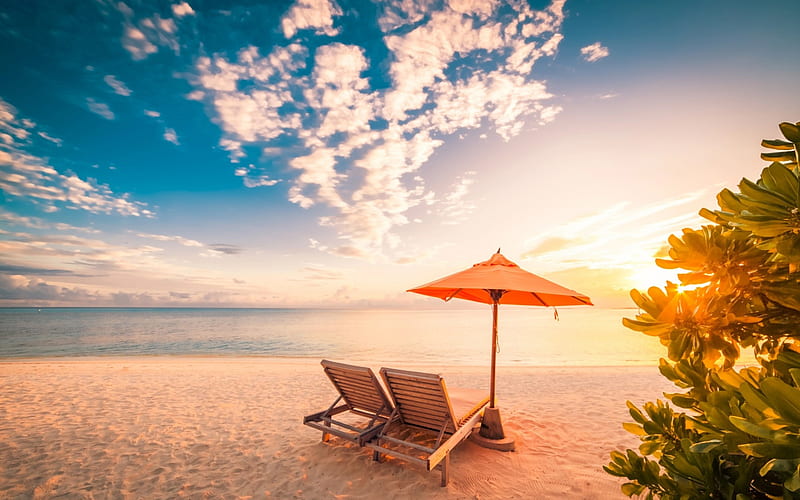 beach, sand, sunset, chaise lounges, tropical islands, ocean, summer vacation concepts, HD wallpaper