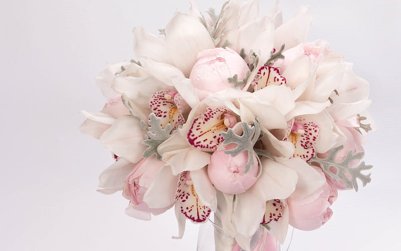 wedding bouquet, pink orchids, peonies, bridal bouquet, orchid, beautiful flowers, HD wallpaper