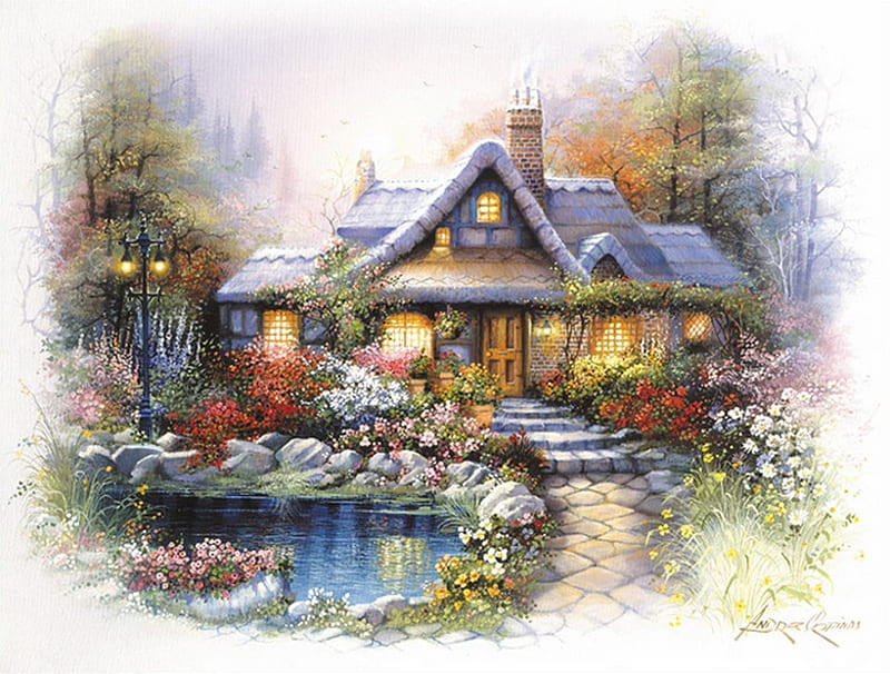 A Dreamy House, cottage, stairs, trees, artwork, pond, painting, flowers, path, garden, HD wallpaper