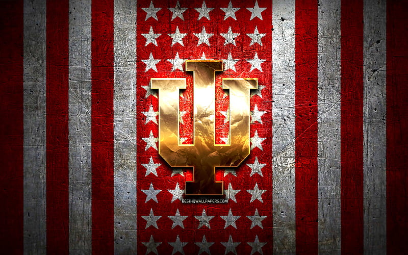 Indiana Hoosiers flag, NCAA, red white metal background, american football team, Indiana Hoosiers logo, USA, american football, golden logo, Indiana Hoosiers, HD wallpaper
