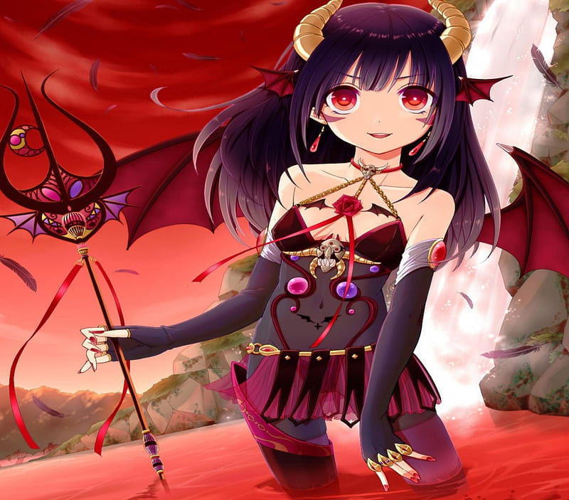 Belial, red, demon, wings, girl, dark, horn, orginal, devil, HD wallpaper