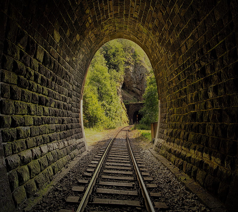 railway, trees, tunnel, HD wallpaper