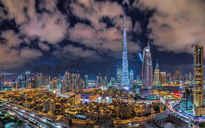 Burj Khalifa at night, nightscapes, skyscrapers, United Arab Emirates, cityscapes, Dubai, UAE, Burj Khalifa, HD wallpaper