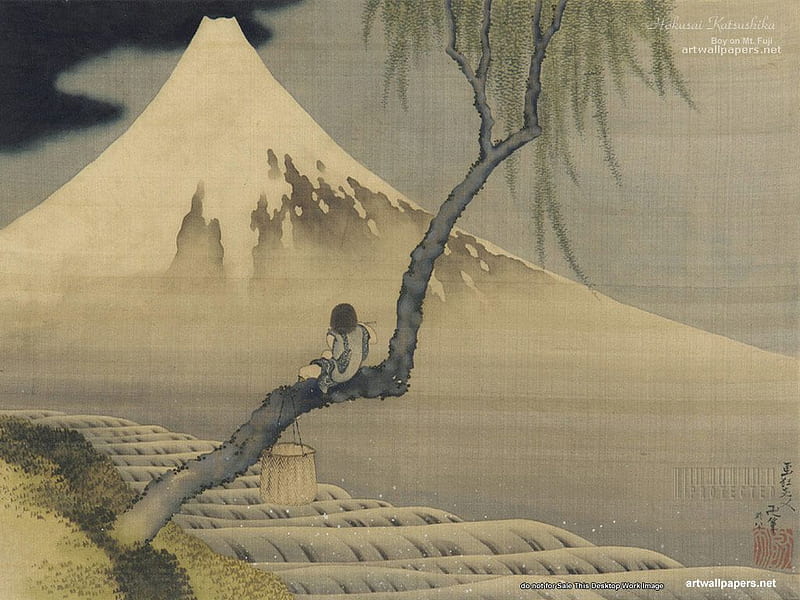 Fujisan, tree, boy, japanese art, mt fuji, HD wallpaper