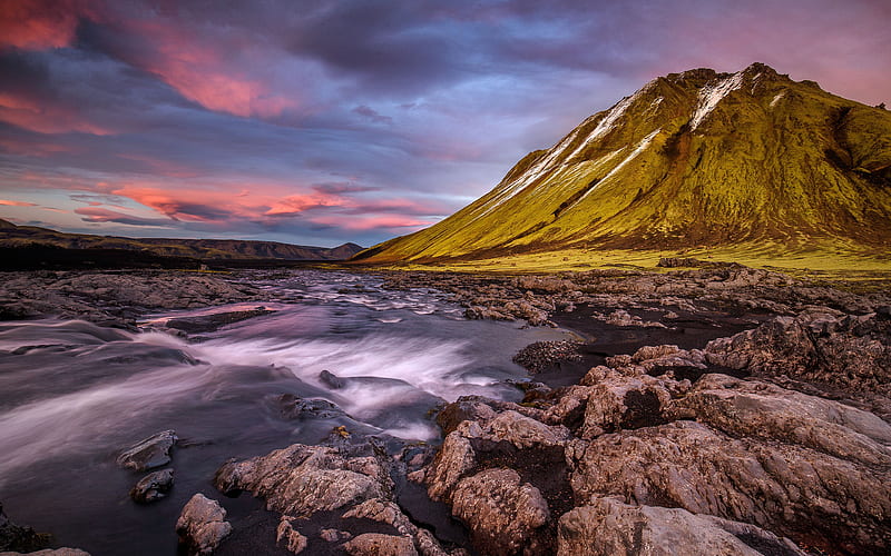 Iceland sunset, mountains river, Europe, HD wallpaper