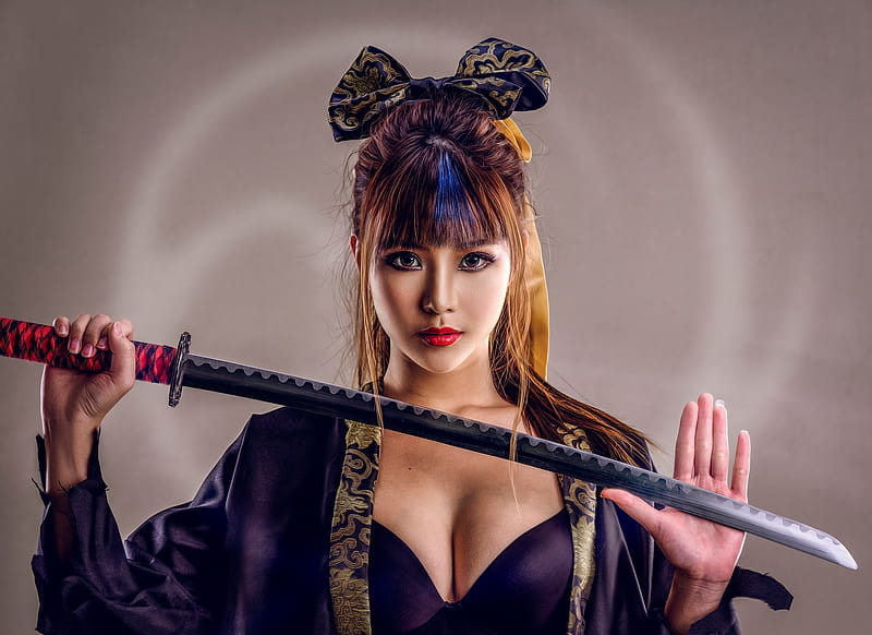 Samurai girl, model, black, bow, woman, girl, samurai, katana, asian, sword, HD wallpaper