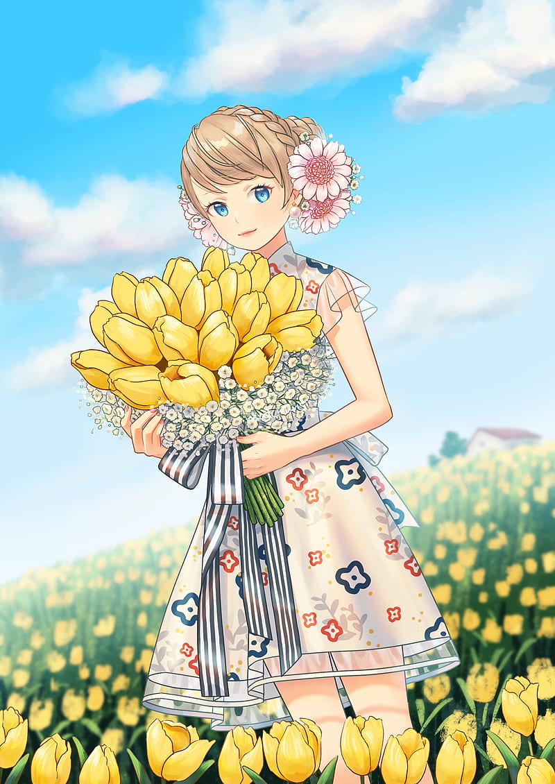 girl, tulips, flowers, bouquet, field, anime, HD phone wallpaper