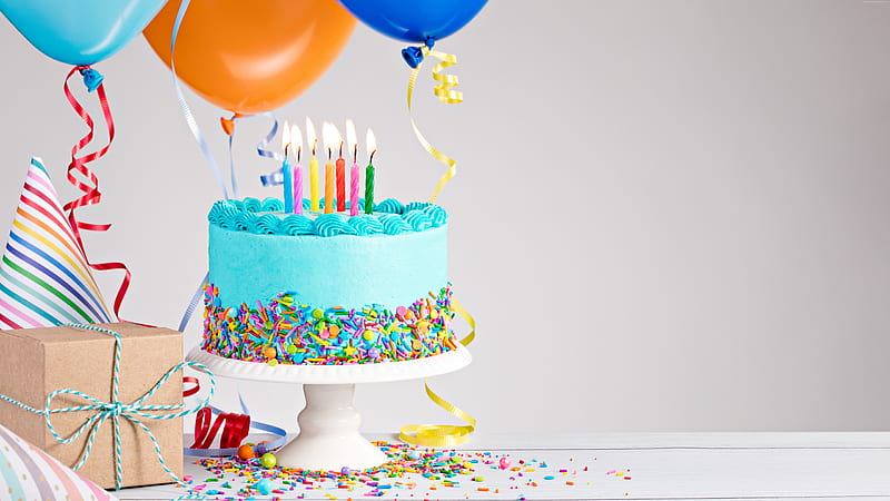Big birthday cake with cream and candles on a blue table Desktop wallpapers  1440x900