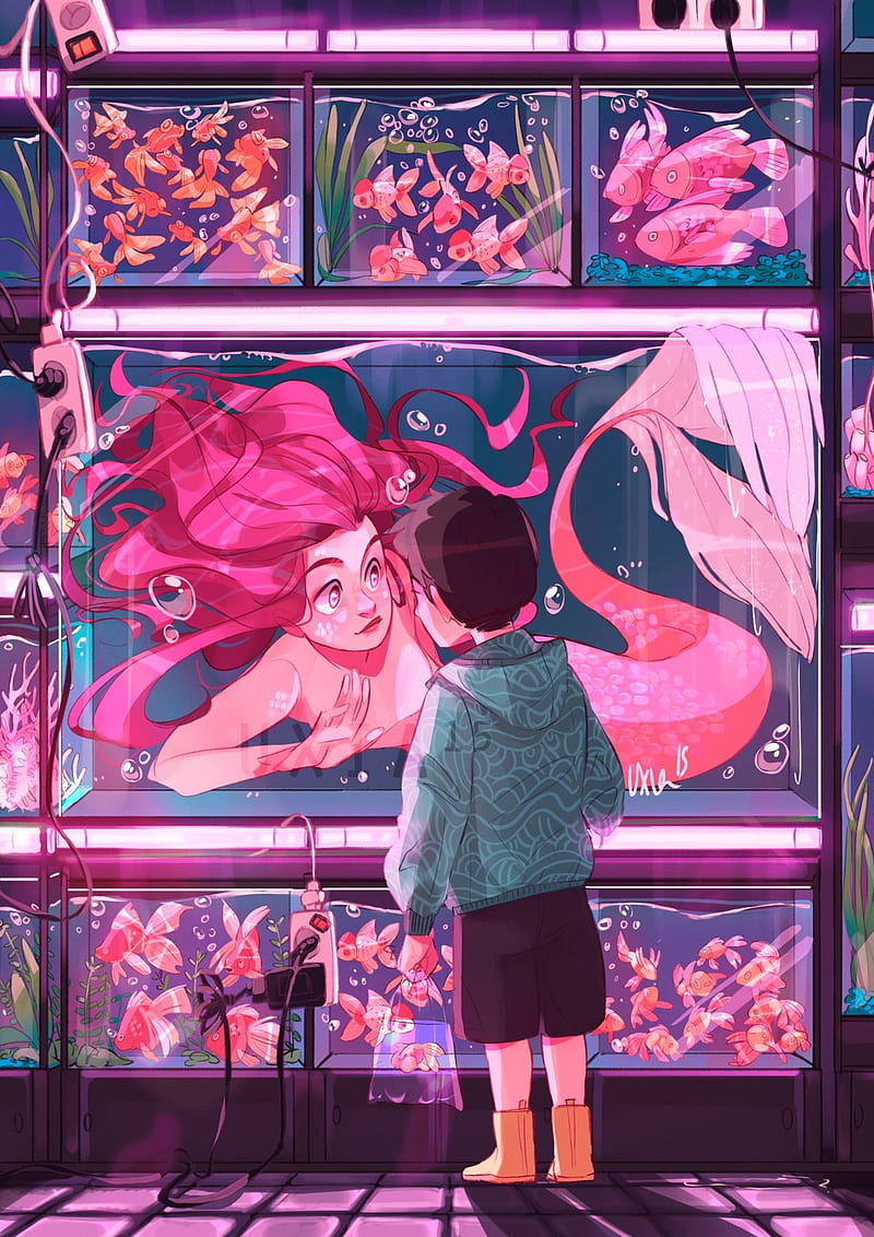 Mermaid, boy, cute, fish, fishtank, girl, little, pink, HD phone wallpaper