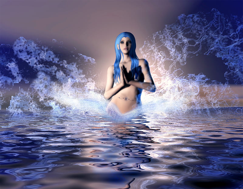 goddess Blue Hair, water, fantasy, blue, other, HD wallpaper
