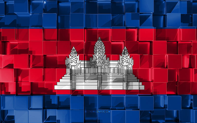Flag of Cambodia, 3d flag, 3d cubes texture, Flags of Asian countries, 3d art, Cambodia, Asia, 3d texture, Cambodia flag, HD wallpaper