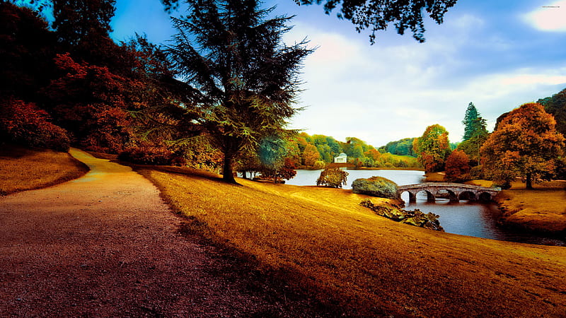 Beautiful Park Bridge Above Water Colorful Autumn Trees Dry Grass Field ...