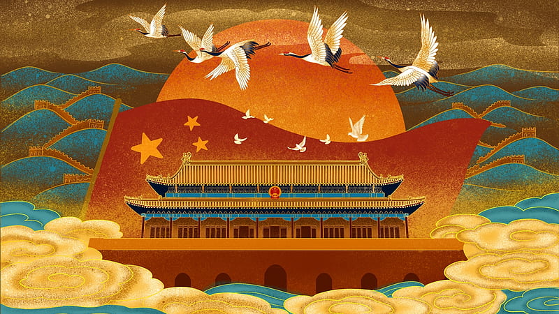 Cranes, sunset, chinese, pictura, art, orange, yellow, bird, temple, pasari, painting, blue, HD wallpaper
