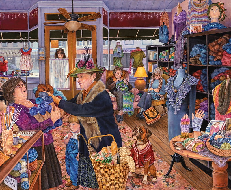 The yarn shop, susan brabeau, people, painting, stuff, pictura, yarn shop, old woman, art, caine, dog, HD wallpaper
