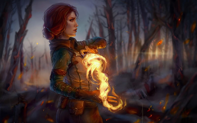 Triss Merigold, fire, fantasy, luminos, girl, the witcher, HD wallpaper