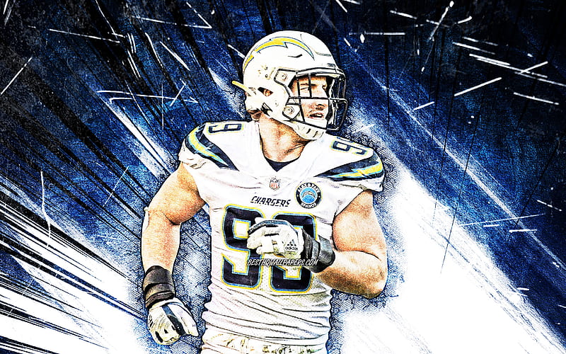 Joey Bosa, grunge art, NFL, Los Angeles Chargers, american football, defensive end, Joseph Anthony Bosa, LA Chargers, National Football League, Joey Bosa , blue abstract rays, Joey Bosa LA Chargers, HD wallpaper