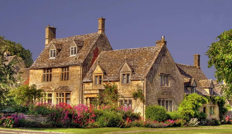 Cotswold Manor, house, cottage, england, garden, glowers, trees, HD wallpaper