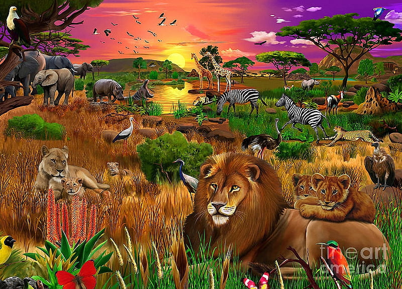 African Evening, sunset, digital art, animals, lions, artwork, elephants, birds, butterflies, giraffes, flowers, zebras, HD wallpaper