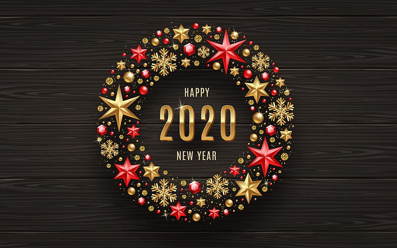 Happy New Year!, 2020, card, wreath, craciun, christmas, black, new year, HD wallpaper