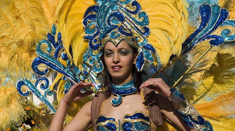 Beauty, feahter, carnival, girl, brazil, yellow, woman, blue, HD wallpaper