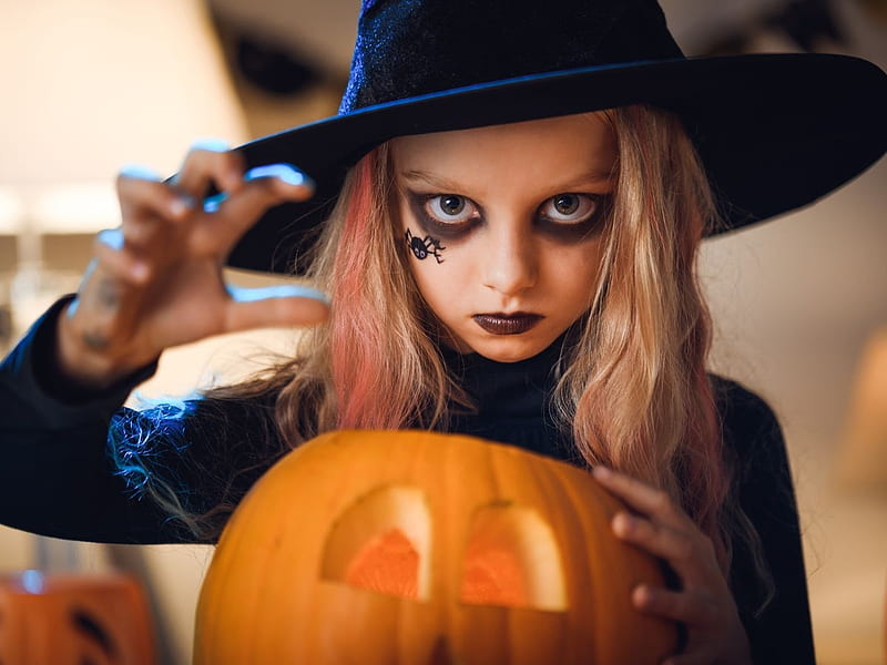 Witch Copil Black Child Card Orange Halloween Hat Girl Pumpkin Face Hd Wallpaper Peakpx