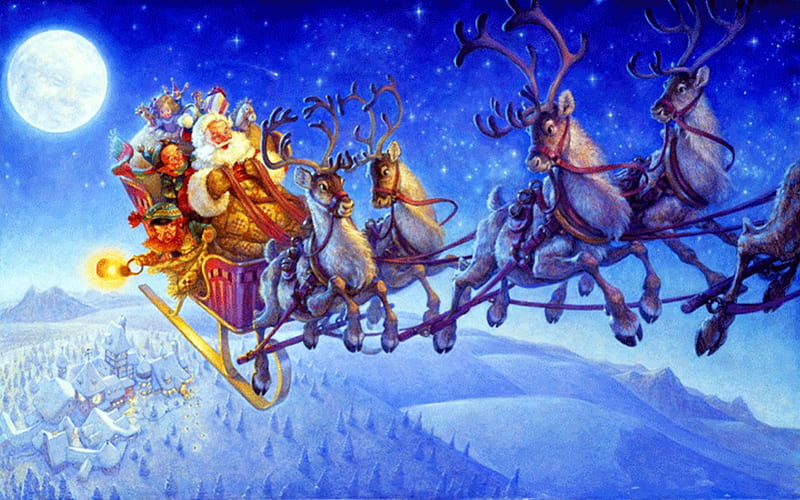 Santa on a Long,Long Way, sleigh, moon, christmas, reindeer, xmas, HD wallpaper