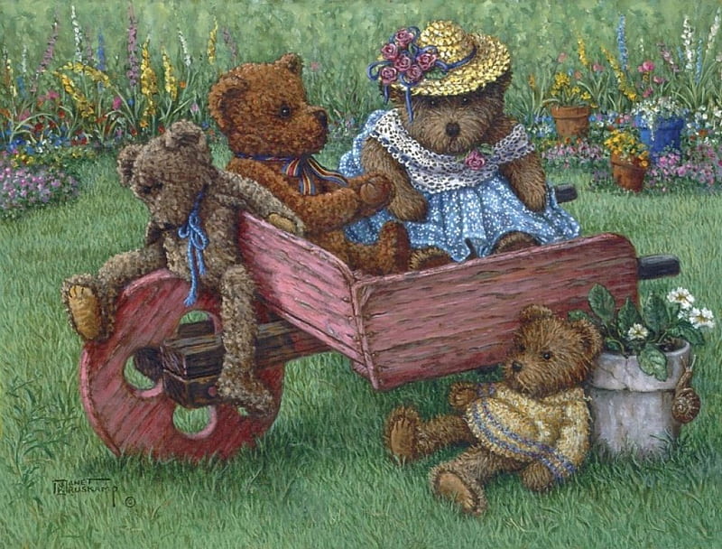 Waiting for a Ride, barrow, teddy bears, ride, summer, wheel, HD wallpaper