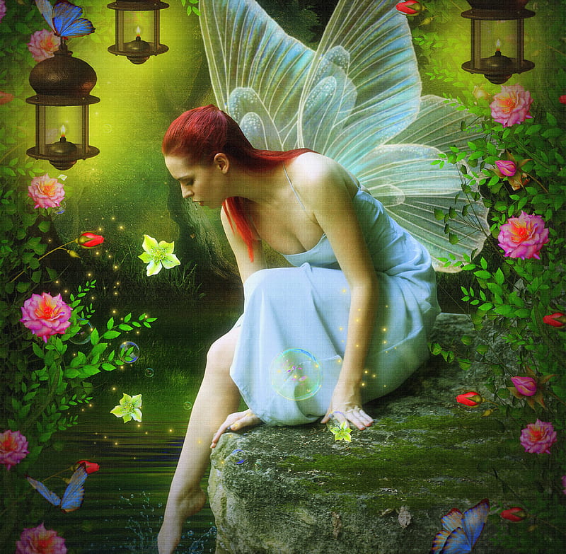✫Gentle Touch✫, pretty, redhead, angels, women, fantasy, splendor, bright, flowers, wings, lovely, lanterns, models, creative pre-made, cool, floating bubbles, dress, charm, bonito, digital art, hair, gentle, moss, girls, gorgeous, animals, female, water splash, colors, butterflies, roses, mixed media, plants, weird things people wear, tender touch, HD wallpaper