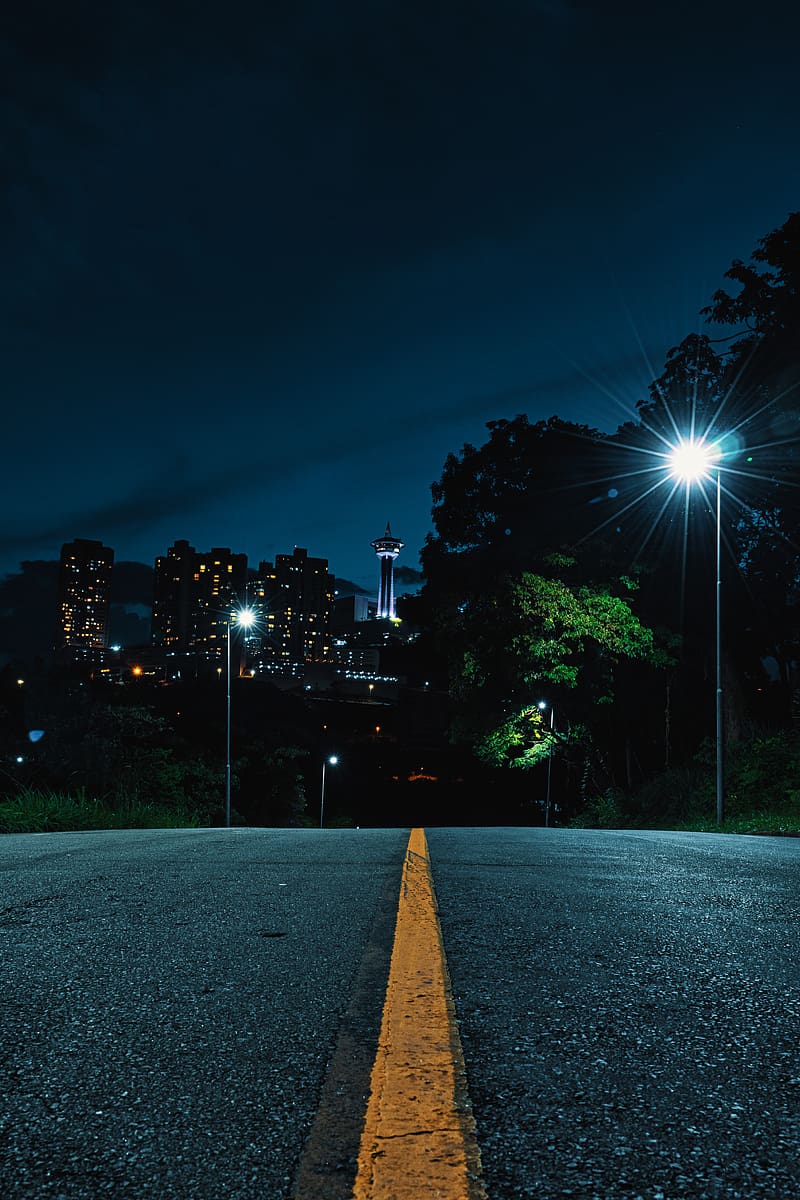 road, strip, lights, rays, trees, city, buildings, HD phone wallpaper