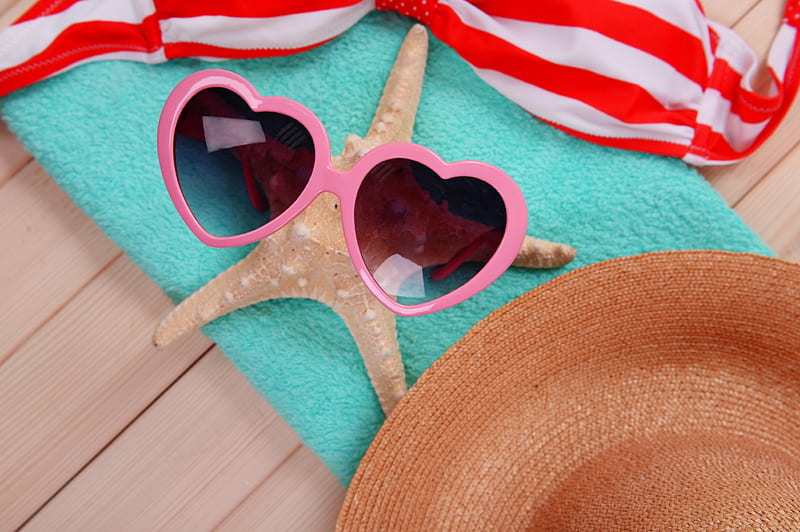 Happy Summer!, red, stripes, starfish, hat, sunglasses, heart, summer, white, pink, blue, HD wallpaper