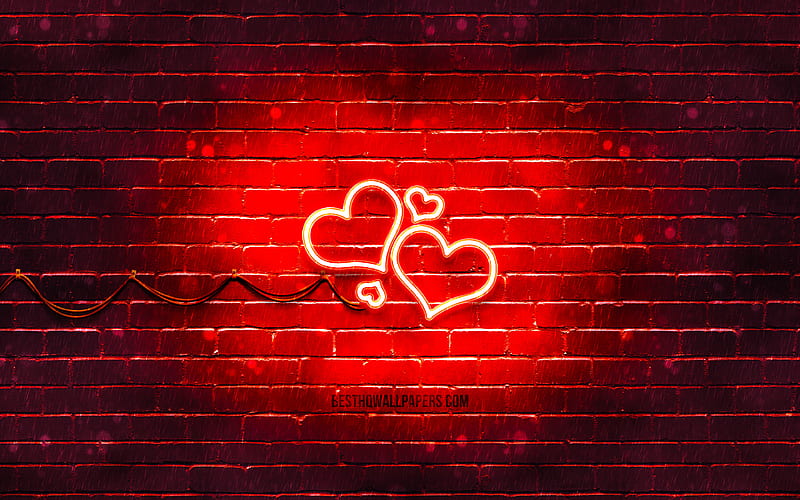 Hearts neon icon red background, neon symbols, corazones, neon icons, Hearts sign, love signs, Hearts icon, love icons, HD wallpaper