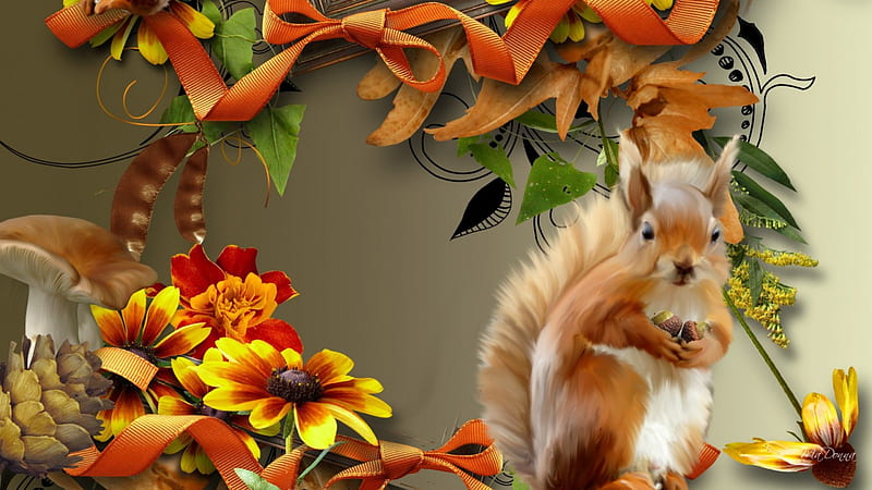 Autumn Squirrel, fall, flowers, autumn, squirrel, mushroom, bow, toadstool, sweet, seeds, leaves, gold, flowers, acorns, ribbon, clock, pine cone, happy, whimsical, black eyed susan, HD wallpaper