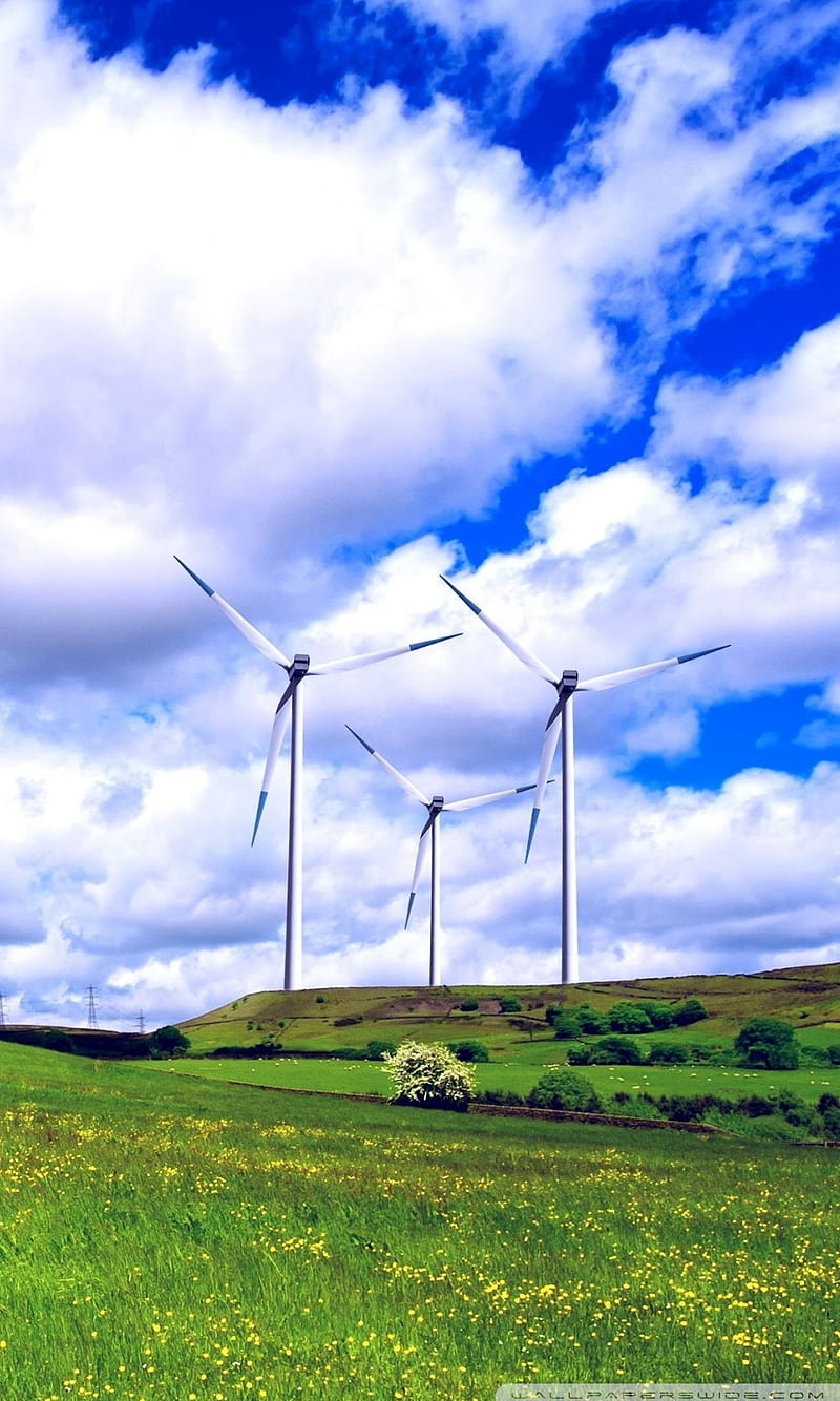 wind turbines, clouds, landscape, nature, sky, HD phone wallpaper