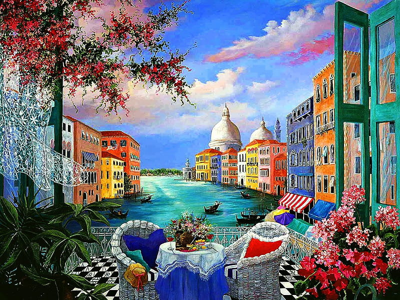 Summer terrace, pretty, colorful, canal, bonito, tea, nice, painting, Houses, flowers, table, art, rest, vacation, quiet, lovely, window, view, relax, sky, trees, lake, terrace, Venice, water, serenity, bouquet, porch, coffee, summer, nature, gondola, HD wallpaper